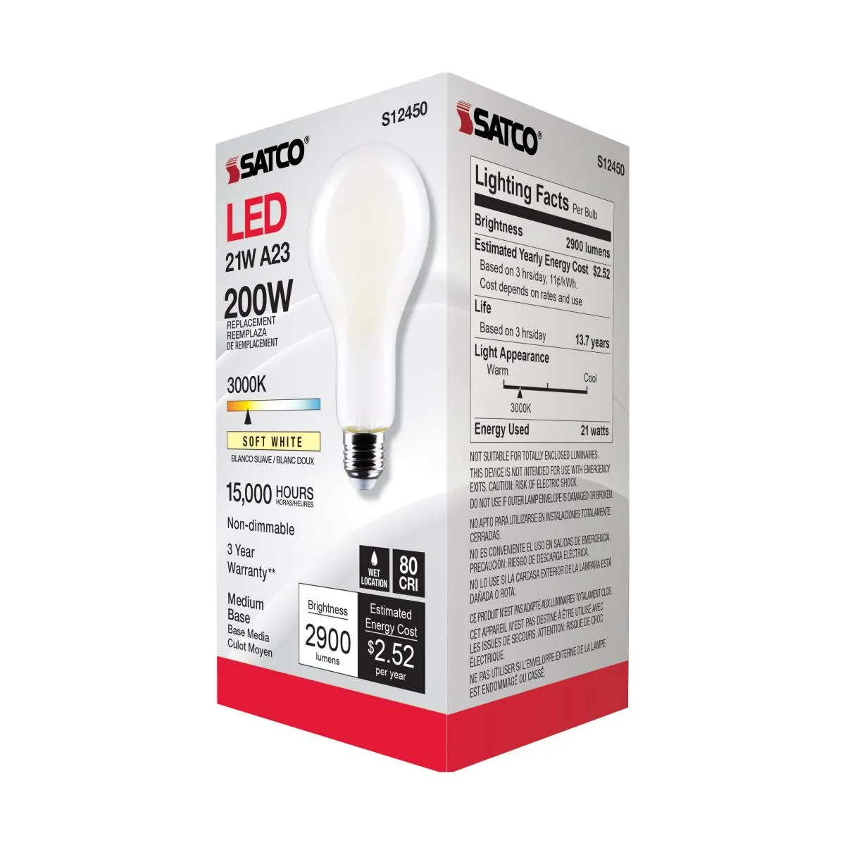 A23 High Lumen LED Lamp, 21 Watts, 2900 Lumens, 3000K, 200W Equal, E26 Base, Frosted