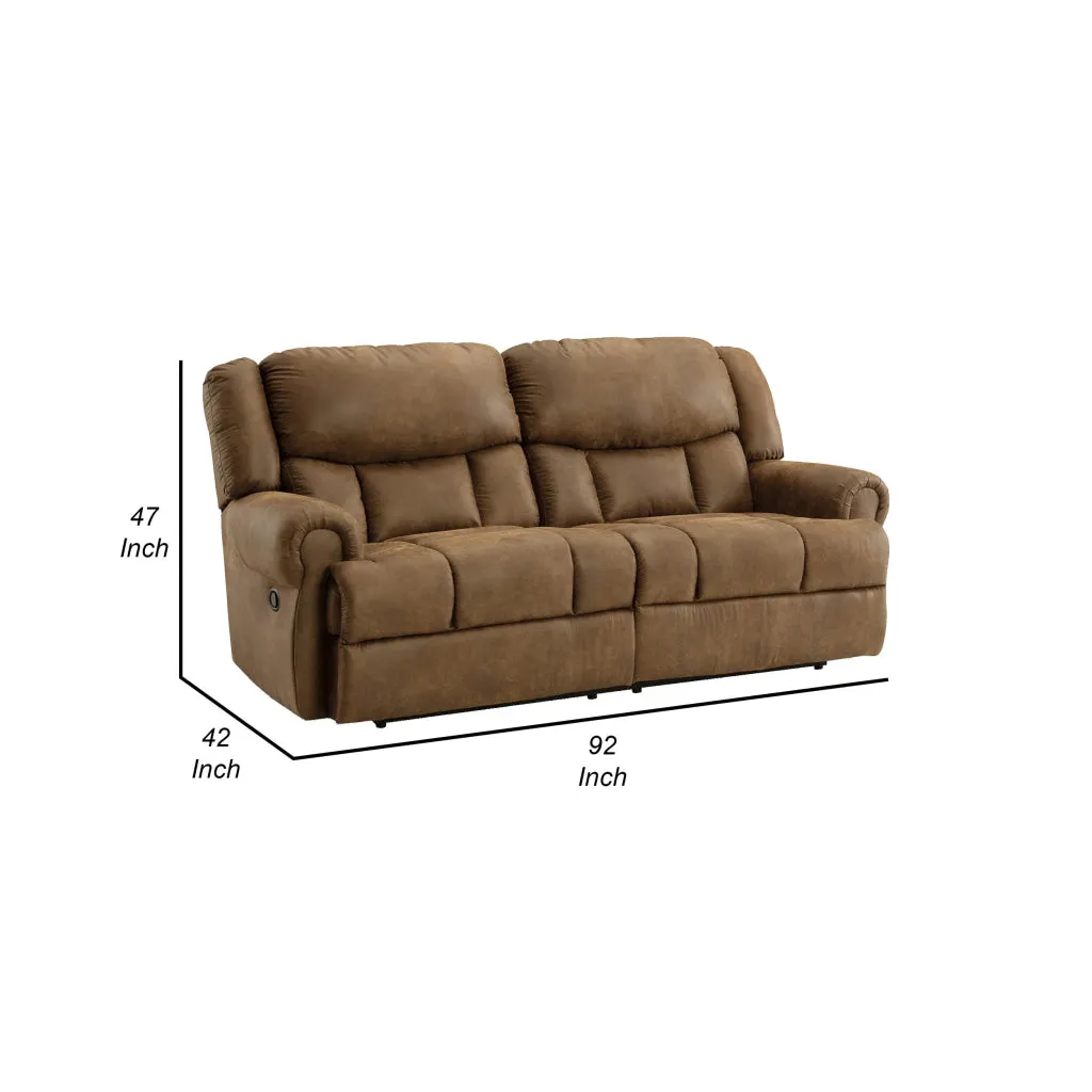 Avi 92 Inch Sofa, Dual Seat Manual Recliner, Brown Faux Leather Upholstery By Casagear Home