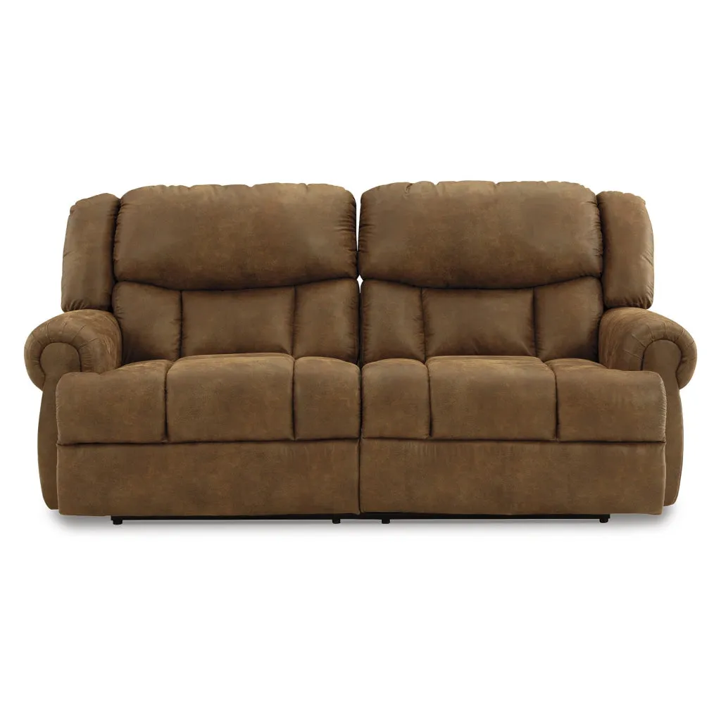 Avi 92 Inch Sofa, Dual Seat Manual Recliner, Brown Faux Leather Upholstery By Casagear Home