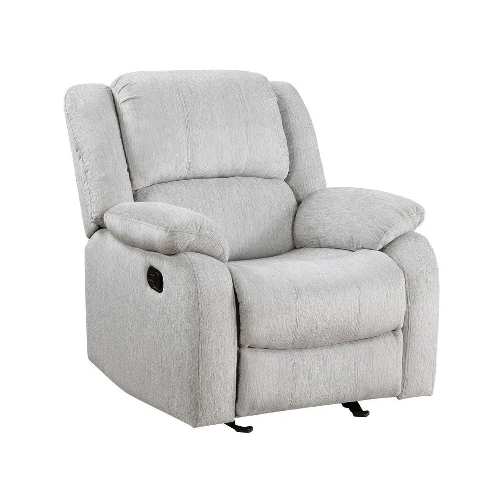 Chris 38 Inch Manual Glider Recliner Chair, Solid Wood, Light Gray Chenille By Casagear Home