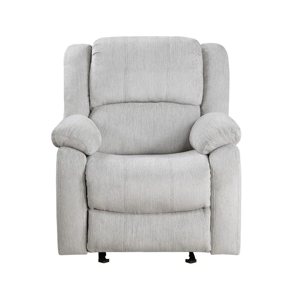 Chris 38 Inch Manual Glider Recliner Chair, Solid Wood, Light Gray Chenille By Casagear Home