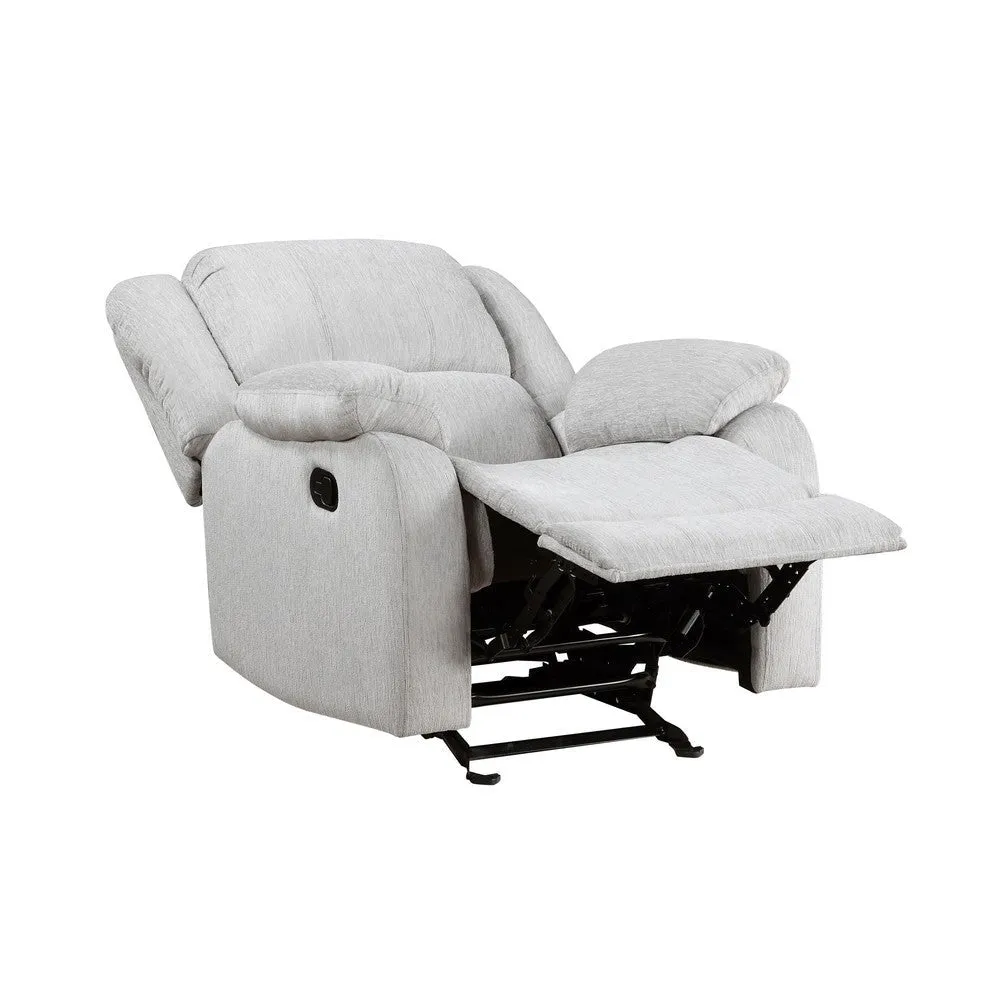 Chris 38 Inch Manual Glider Recliner Chair, Solid Wood, Light Gray Chenille By Casagear Home