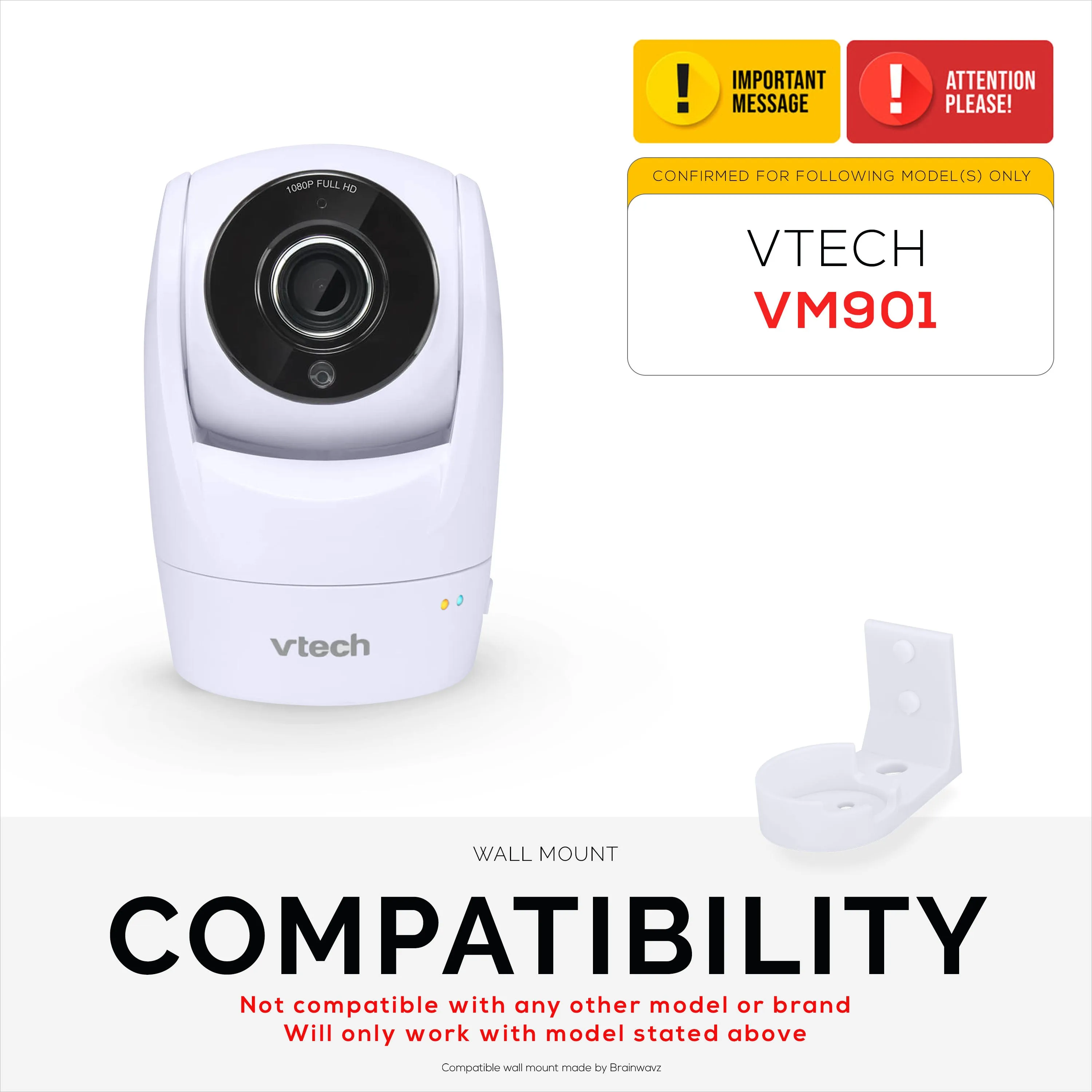 Drill Free Wall Mount For VTech ‎VM901 Camera, Easy To Install Holder with Strong Adhesive, No Mess, Reduces Blind Spots & Clutter