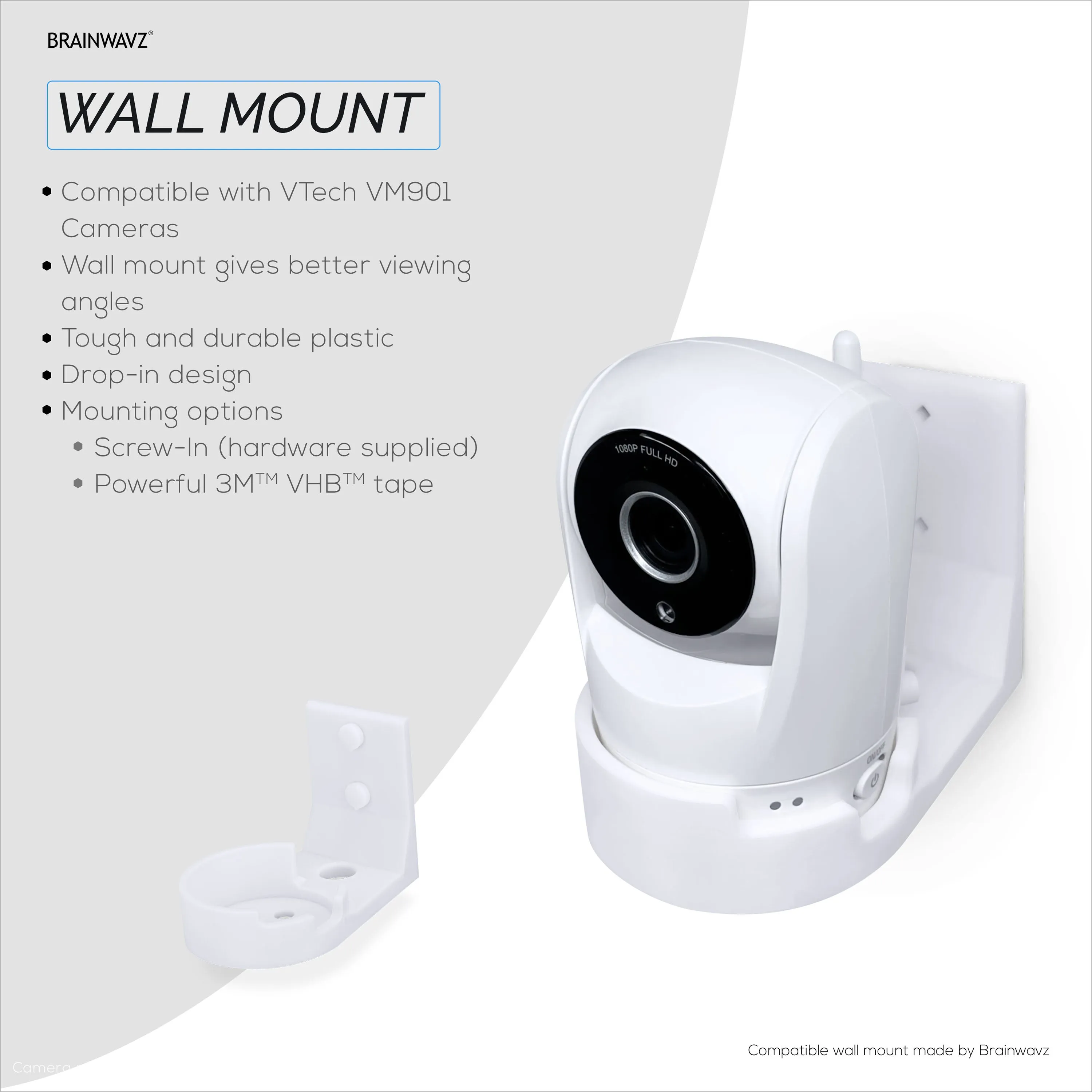 Drill Free Wall Mount For VTech ‎VM901 Camera, Easy To Install Holder with Strong Adhesive, No Mess, Reduces Blind Spots & Clutter