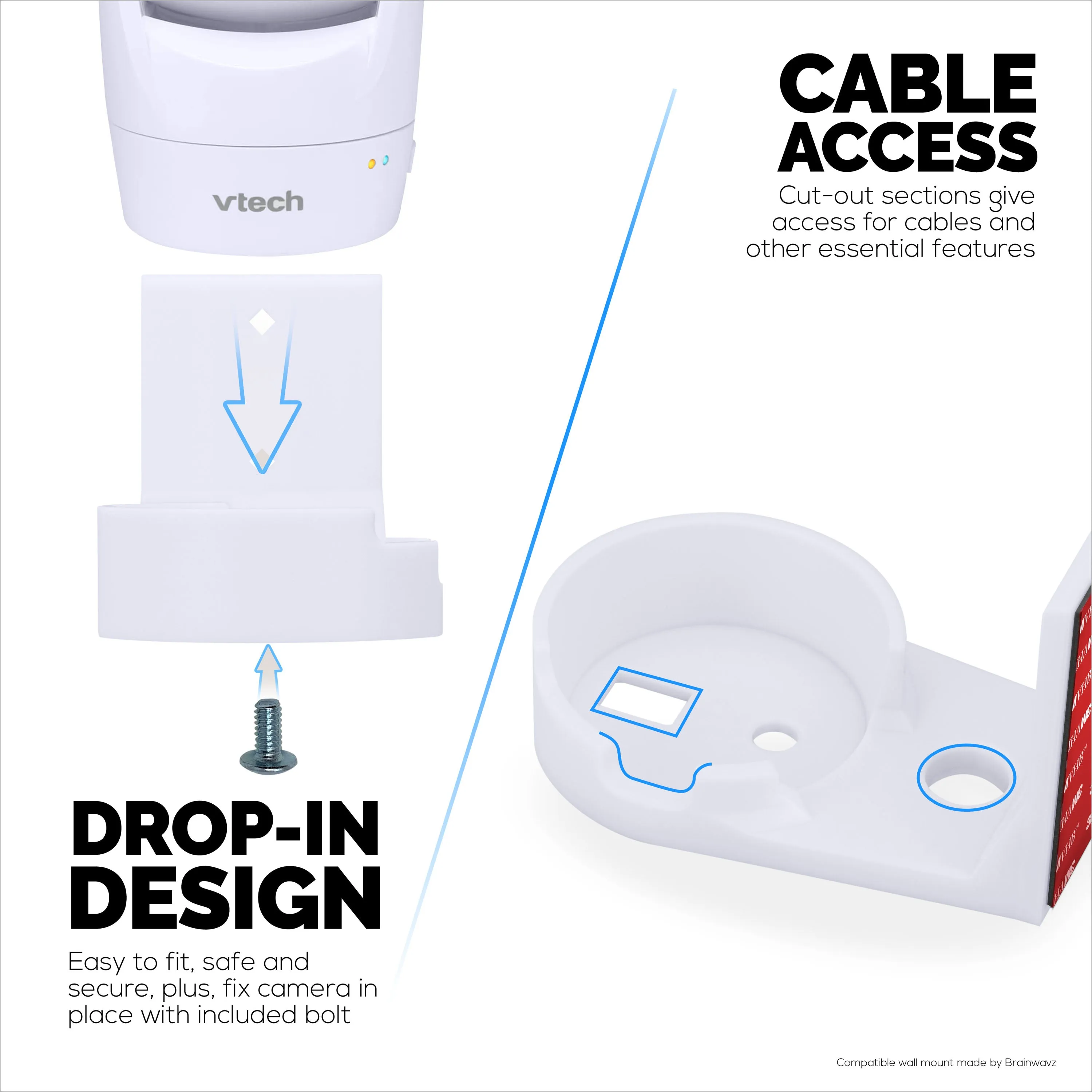 Drill Free Wall Mount For VTech ‎VM901 Camera, Easy To Install Holder with Strong Adhesive, No Mess, Reduces Blind Spots & Clutter