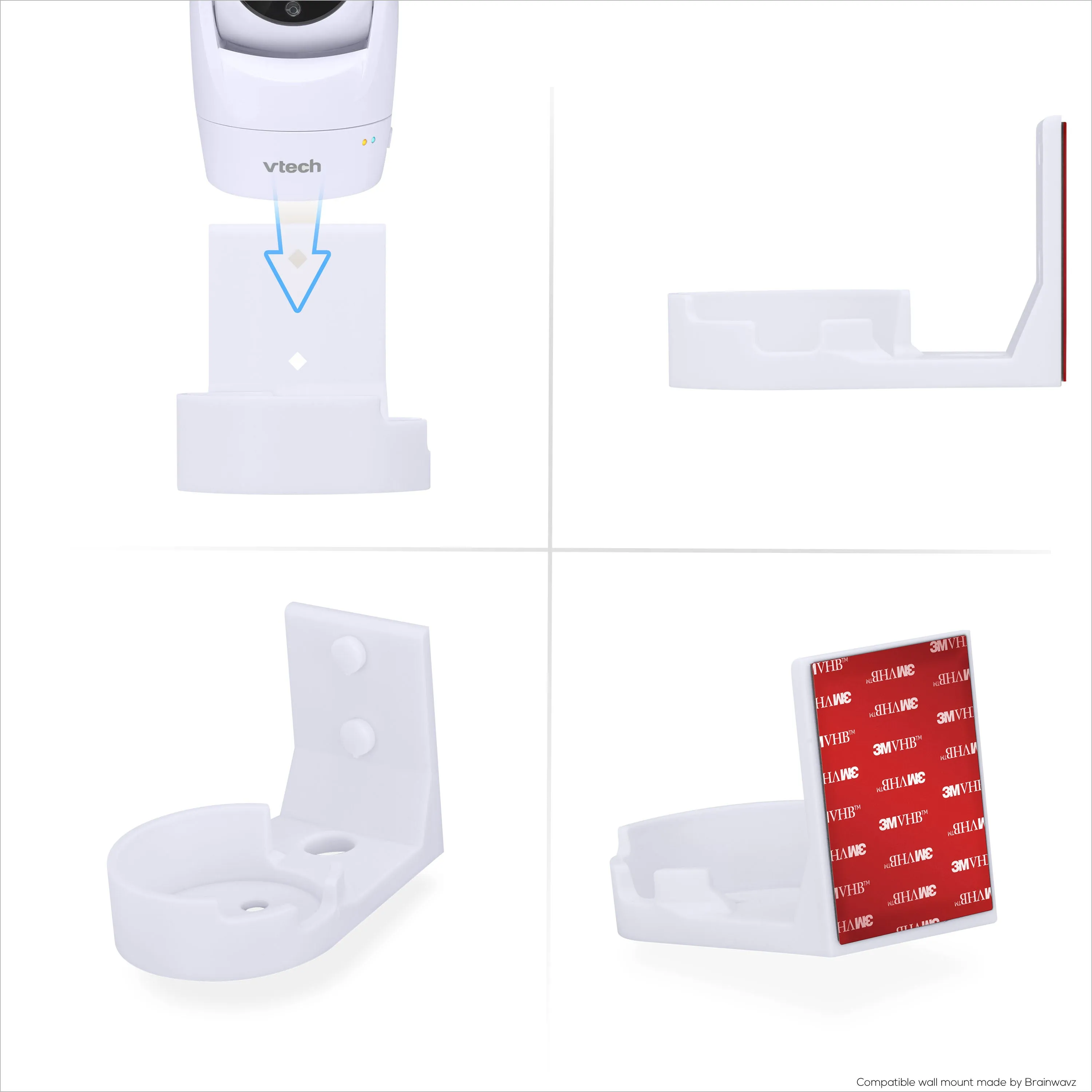 Drill Free Wall Mount For VTech ‎VM901 Camera, Easy To Install Holder with Strong Adhesive, No Mess, Reduces Blind Spots & Clutter