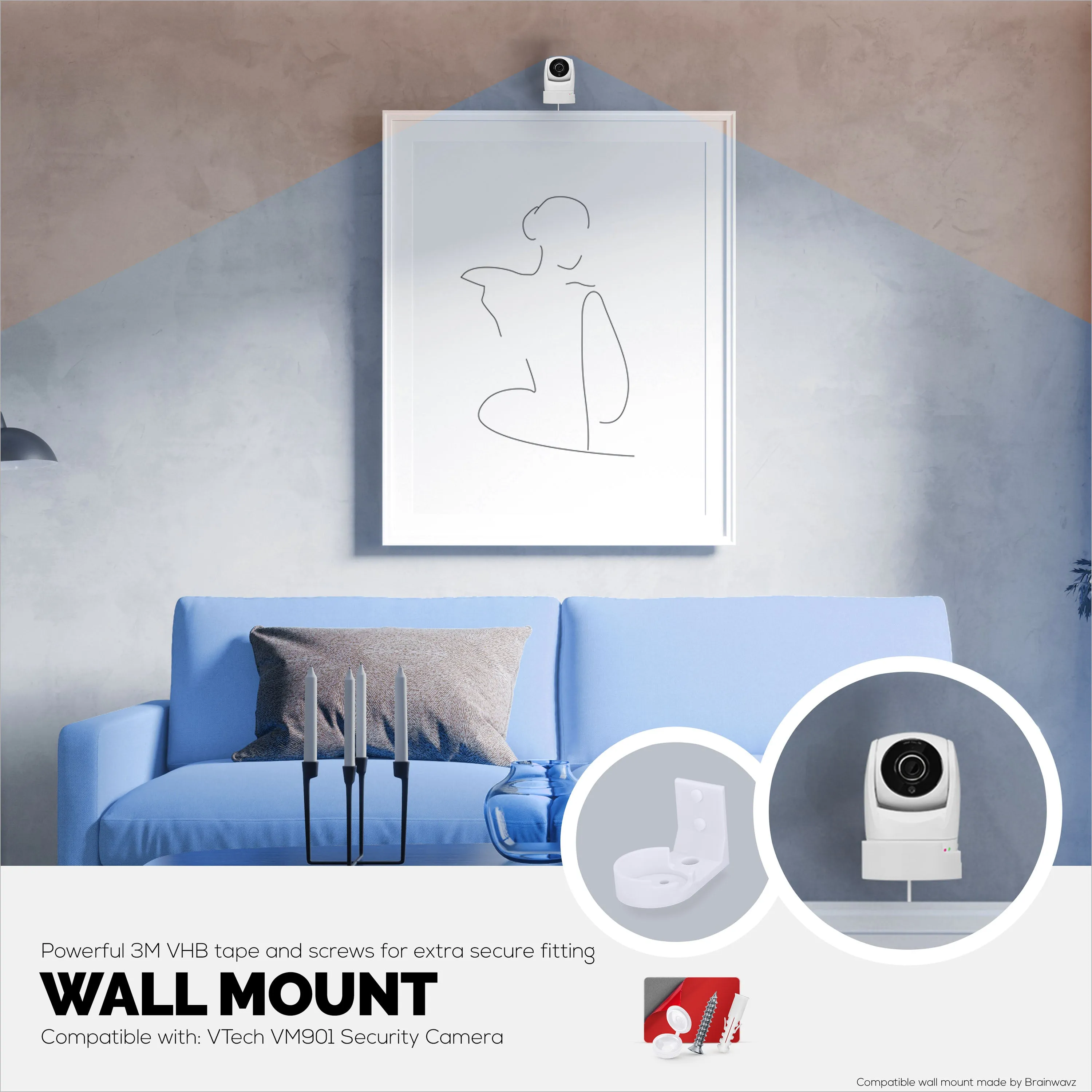 Drill Free Wall Mount For VTech ‎VM901 Camera, Easy To Install Holder with Strong Adhesive, No Mess, Reduces Blind Spots & Clutter