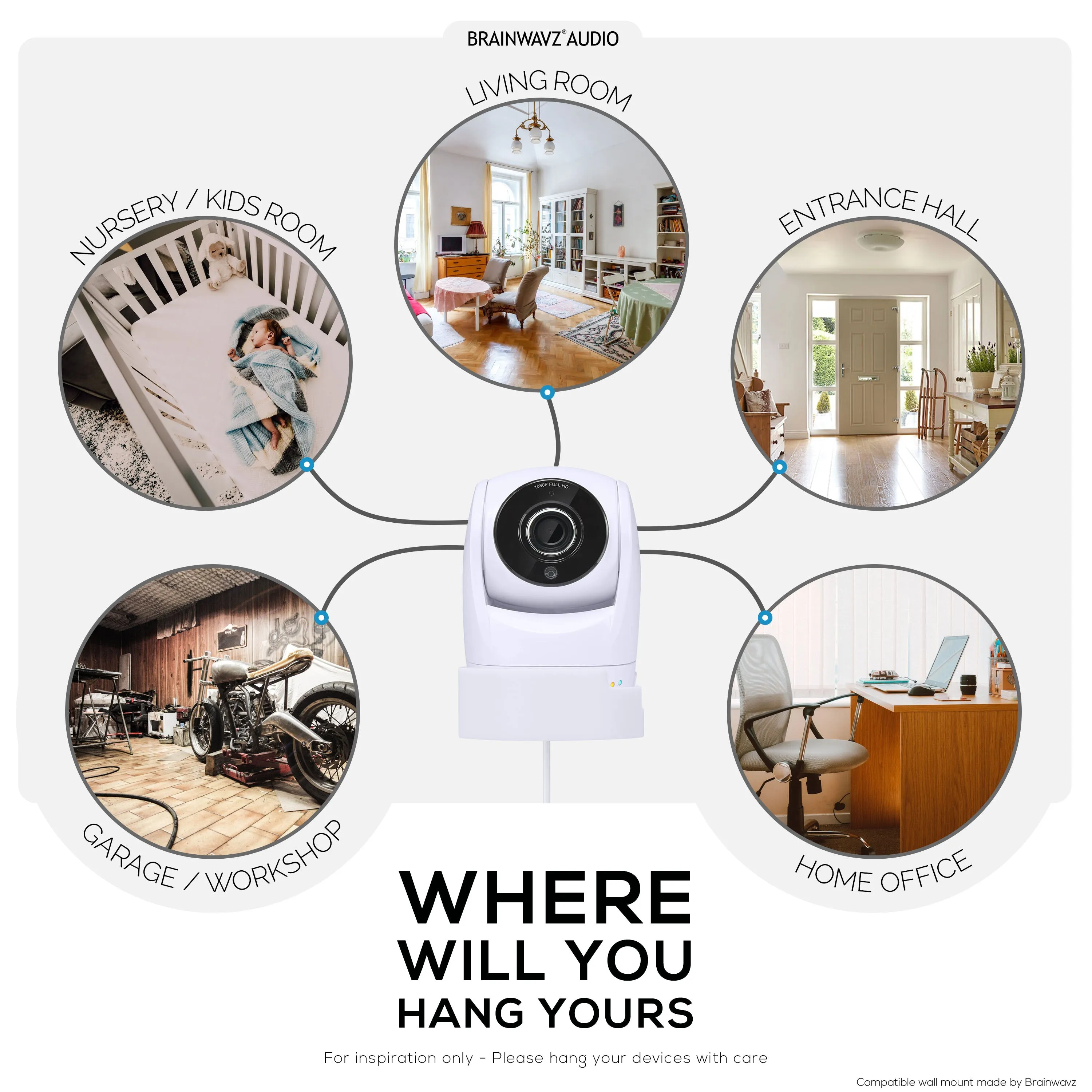 Drill Free Wall Mount For VTech ‎VM901 Camera, Easy To Install Holder with Strong Adhesive, No Mess, Reduces Blind Spots & Clutter