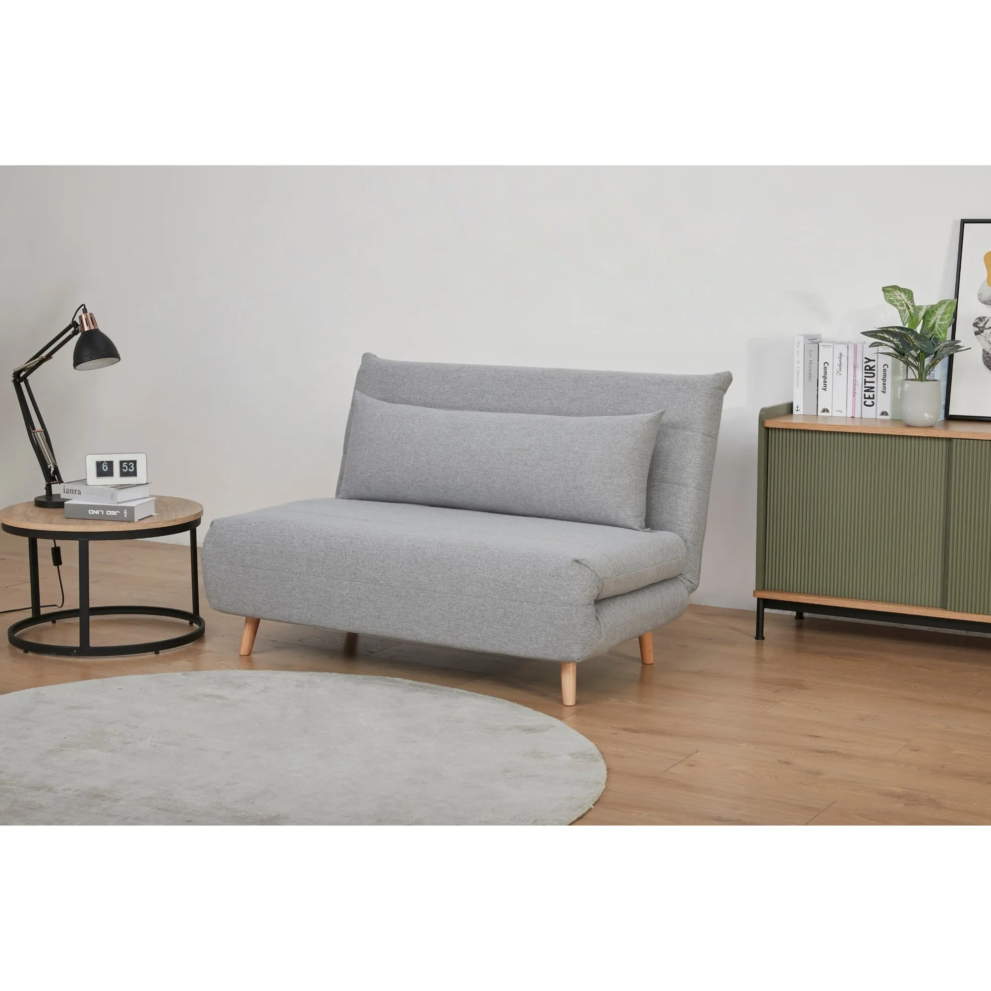 Elegant Grey 2-Seater Sofa Bed, Wooden Legs, Polyester Fabric