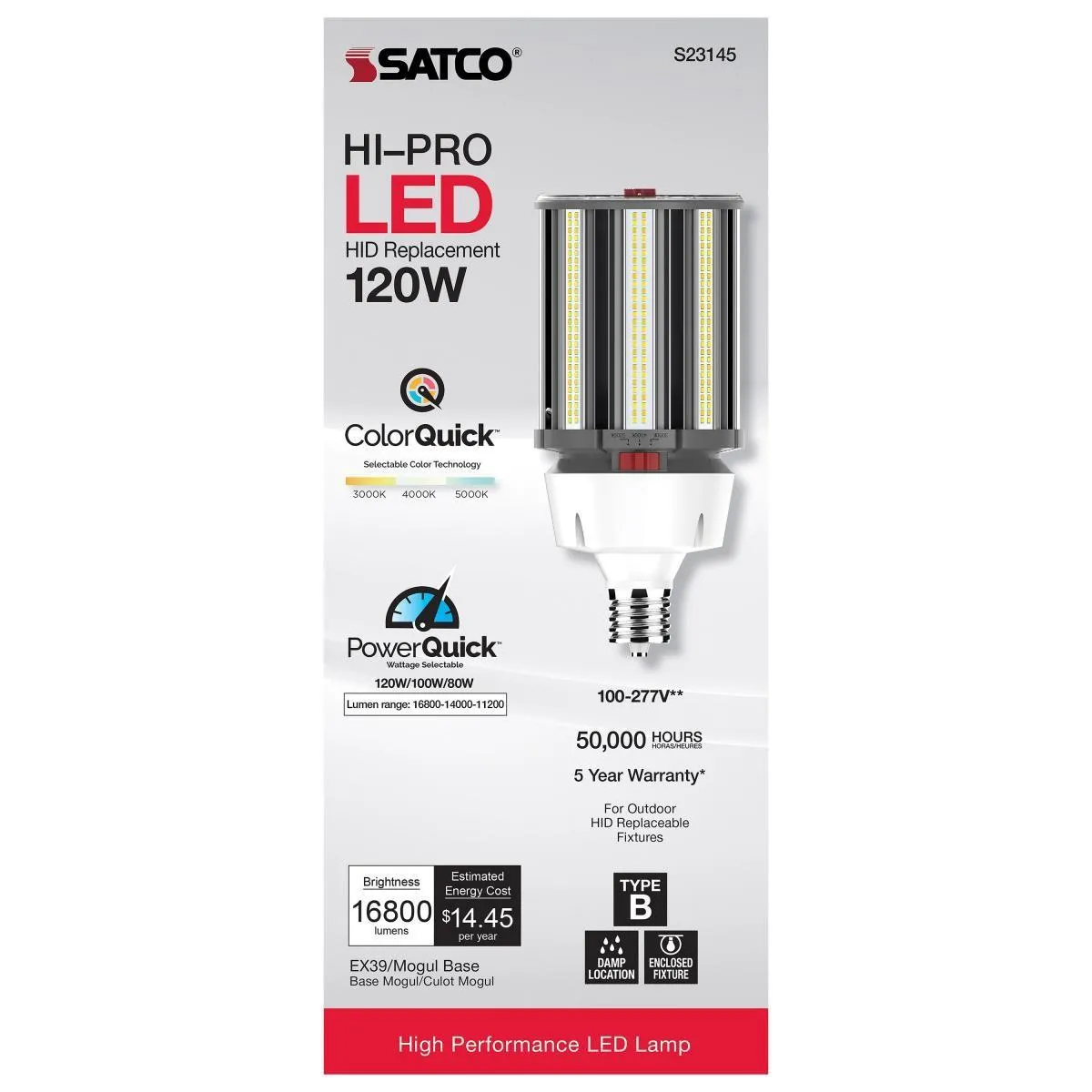 Hi-Pro Retrofit LED Corn Bulb, 80W|100W|120W, 16800lm, 30K|40K|50K, EX39 Mogul, 120-277V