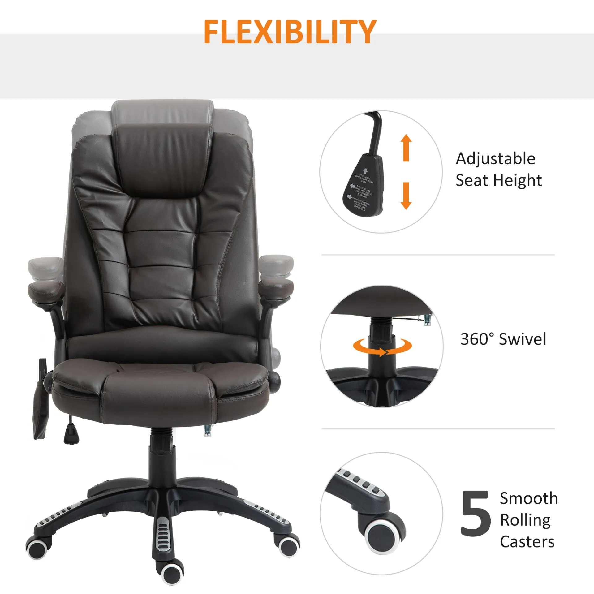 HOMCOM Executive Office Chair with Massage and Heat, High Back PU Leather, Reclining Function, Brown