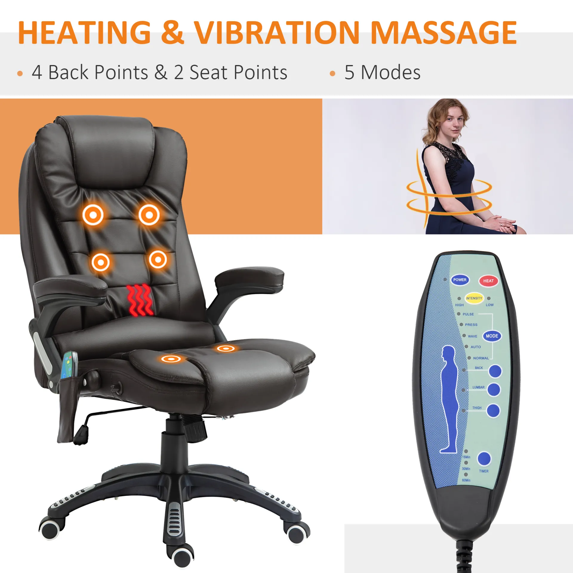 HOMCOM Executive Office Chair with Massage and Heat, High Back PU Leather, Reclining Function, Brown