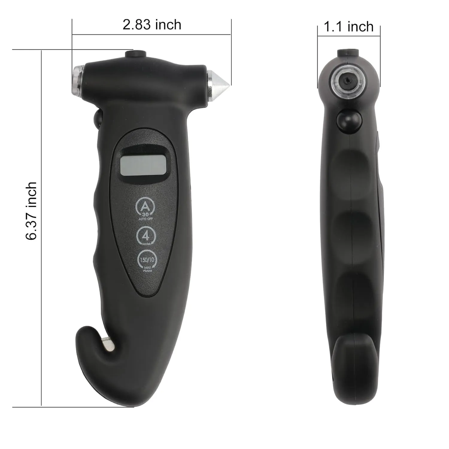 JUSTTOP Digital Tire Pressure Gauge, with Safety Hammer Multi-Function LCD Digital Display Car Tire Pressure Sensing System, Car Window Breaker, Seatbelt Cutter, Black