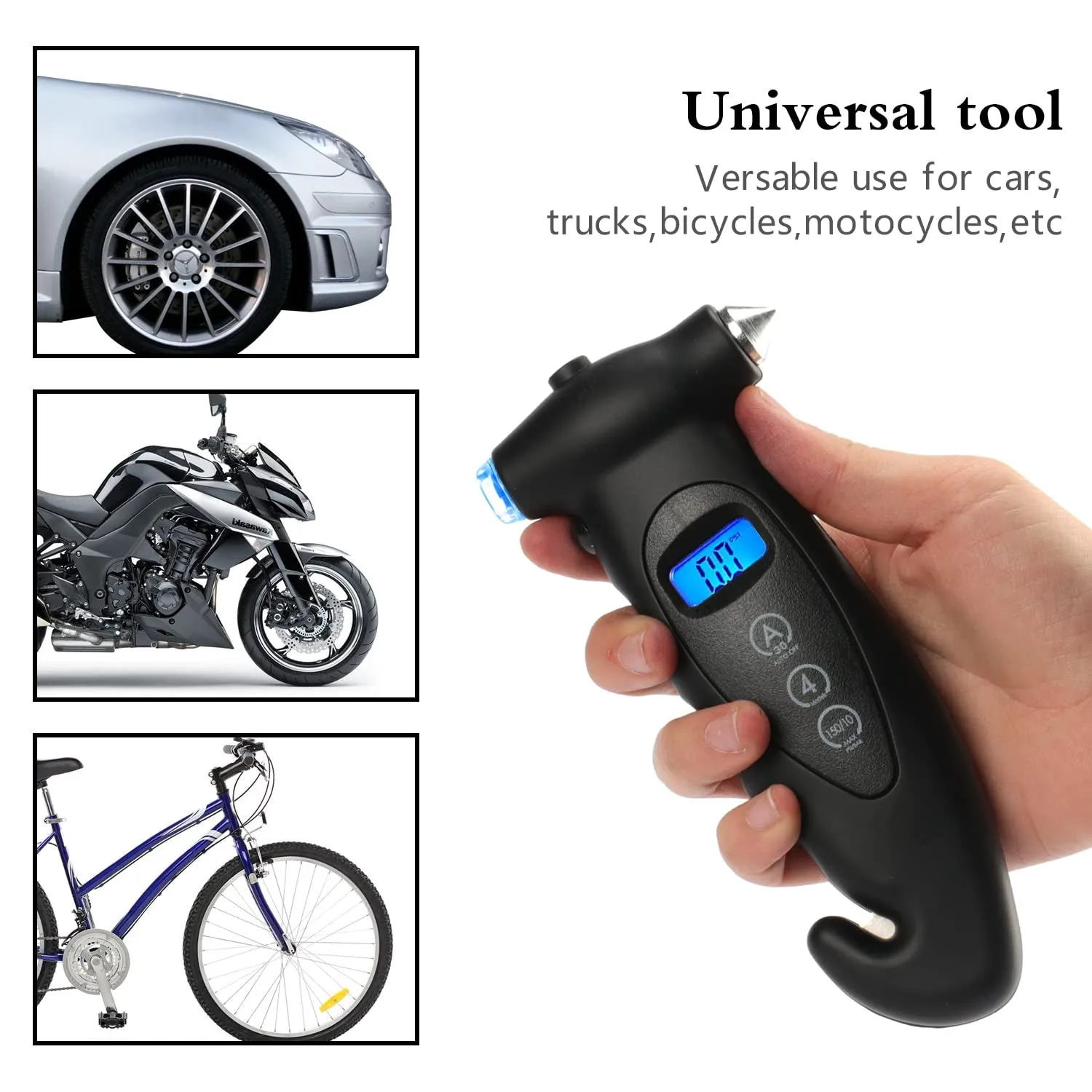 JUSTTOP Digital Tire Pressure Gauge, with Safety Hammer Multi-Function LCD Digital Display Car Tire Pressure Sensing System, Car Window Breaker, Seatbelt Cutter, Black