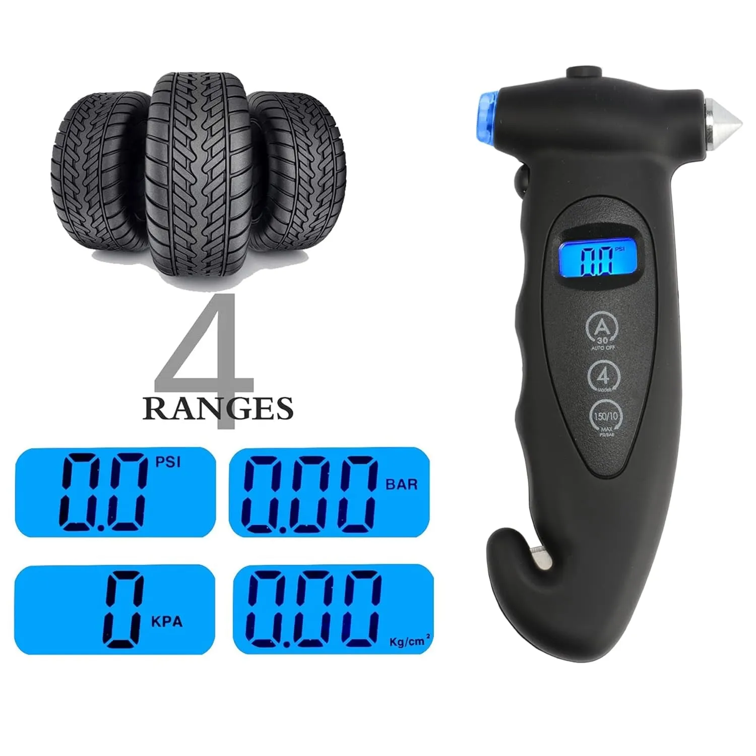 JUSTTOP Digital Tire Pressure Gauge, with Safety Hammer Multi-Function LCD Digital Display Car Tire Pressure Sensing System, Car Window Breaker, Seatbelt Cutter, Black