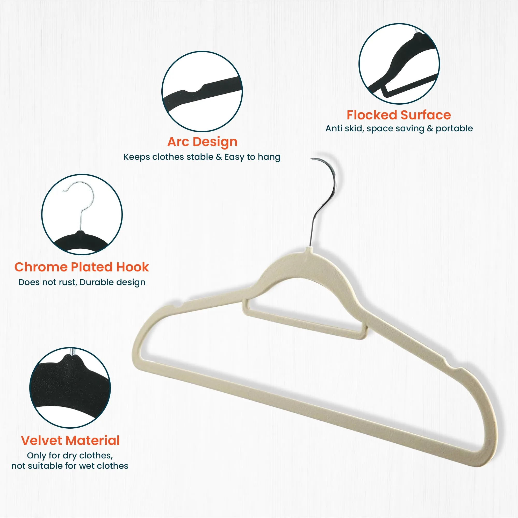 Kuber IndustriesVelvet Cloth Hanger Set of 5 with Chromed Plated Steel Hook (Ivory)