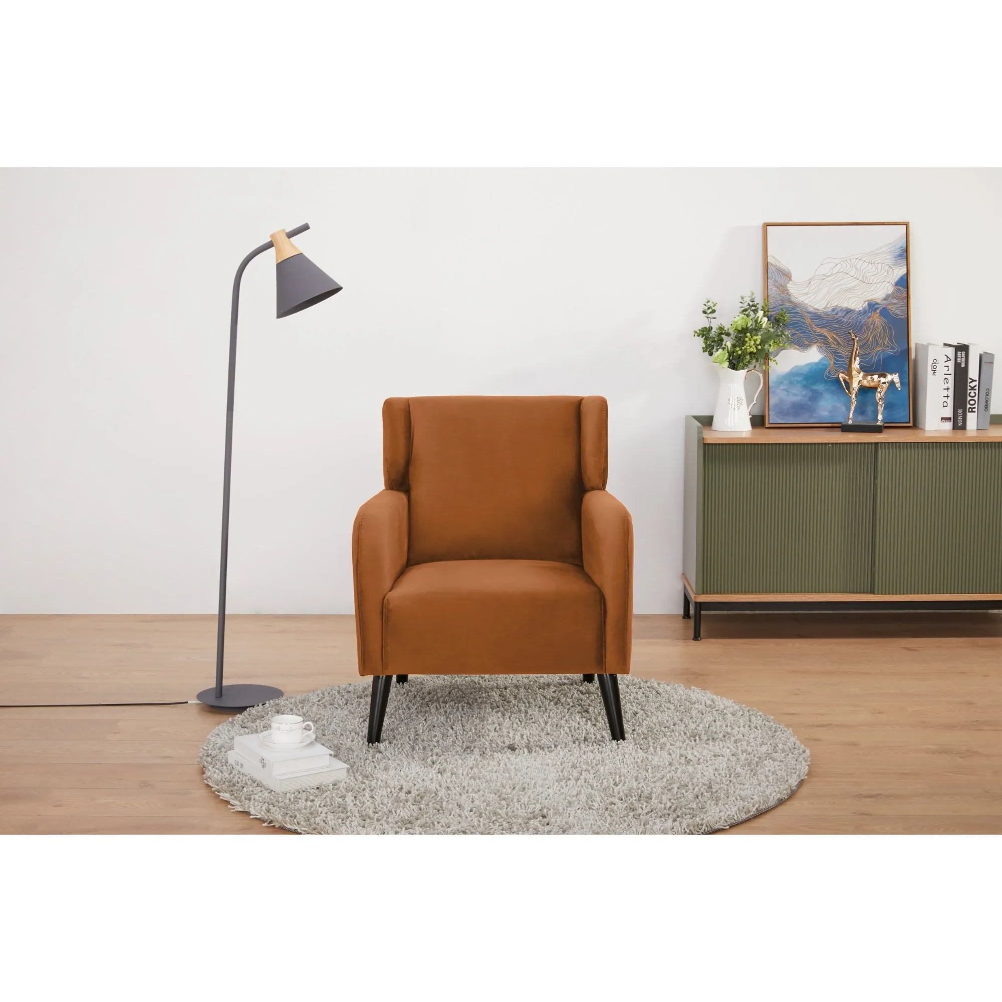 Orange 2pc Plush Upholstered Accent Arm Chairs, Scandinavian Style