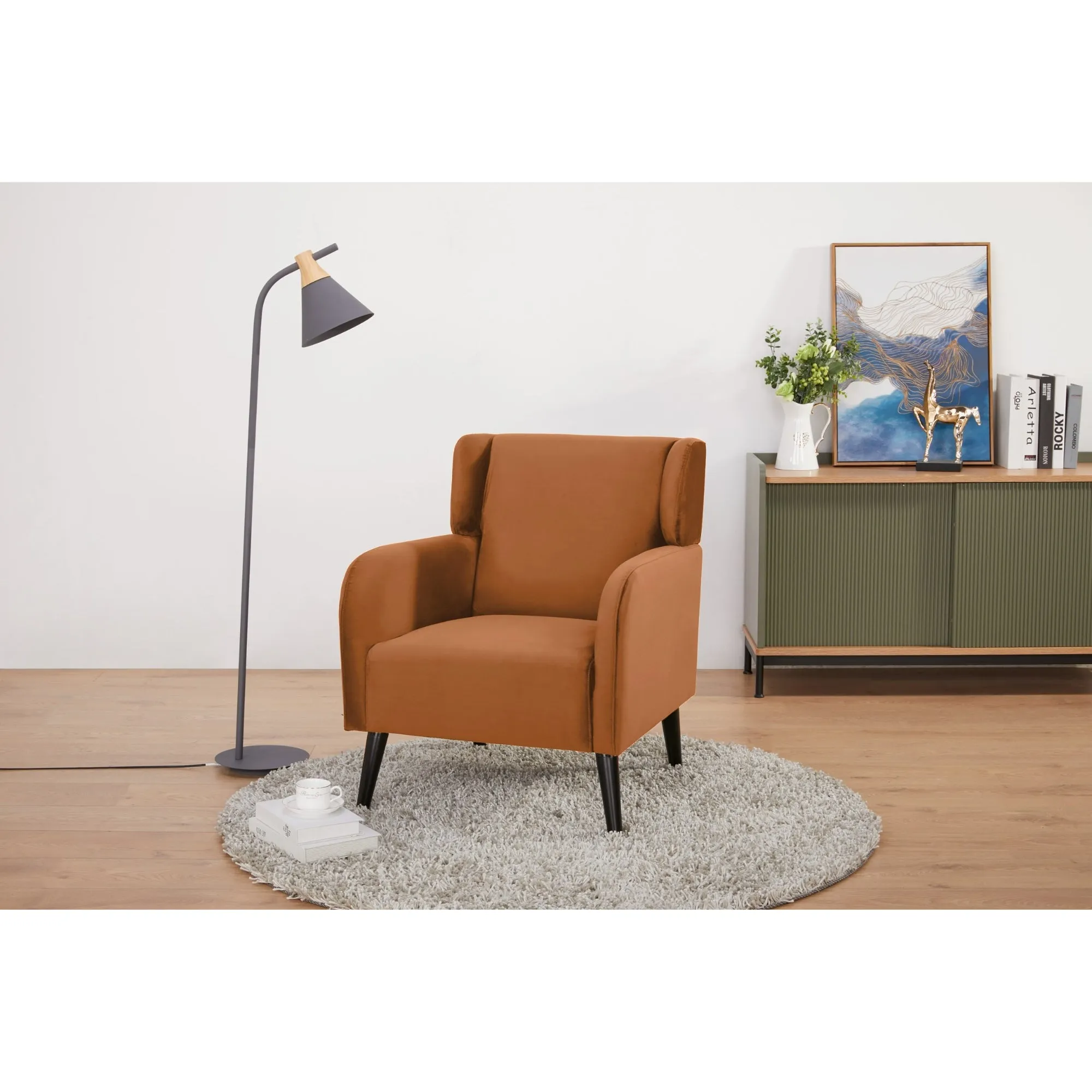Orange 2pc Plush Upholstered Accent Arm Chairs, Scandinavian Style