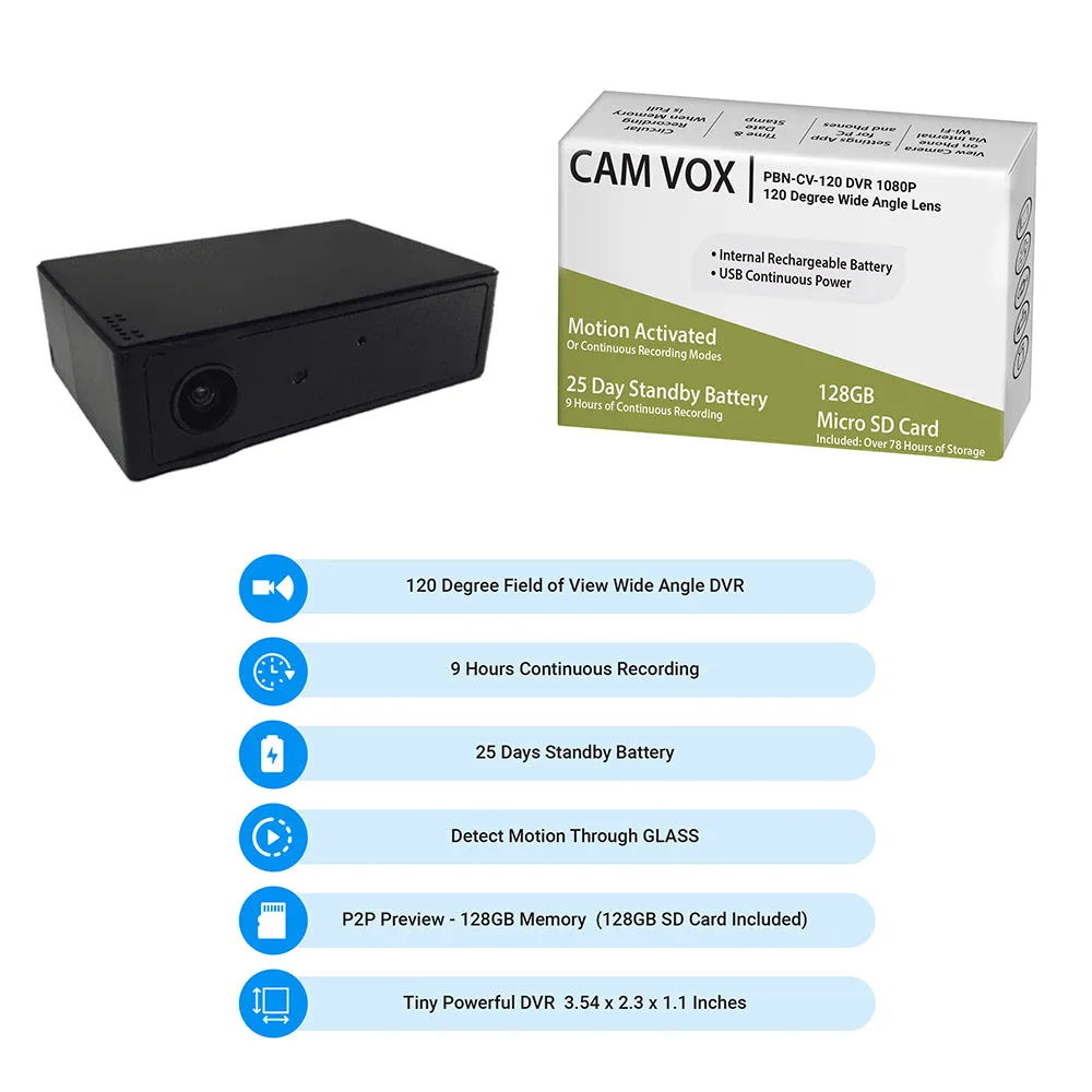 PBN-TECH CV120 Cam-Vox 120 Wide Angle 1080P 128GB DVR – 9 Hours Continuous
