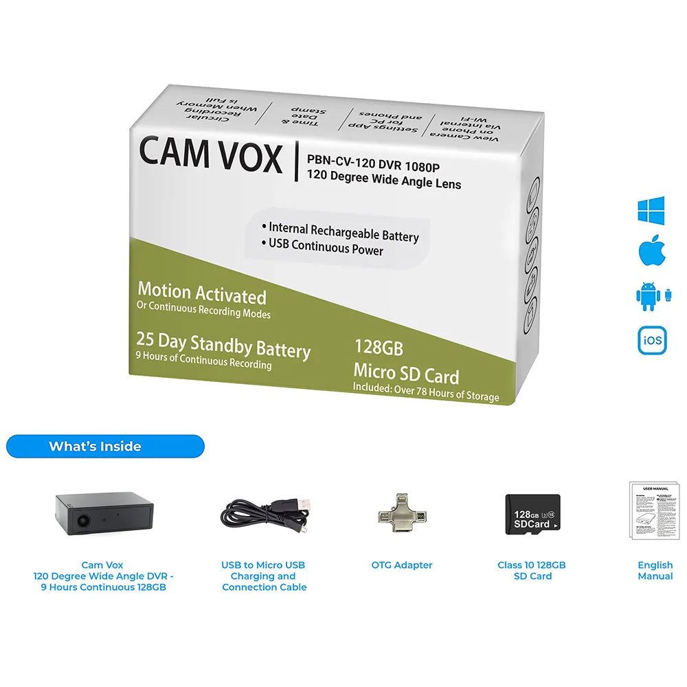 PBN-TECH CV120 Cam-Vox 120 Wide Angle 1080P 128GB DVR – 9 Hours Continuous