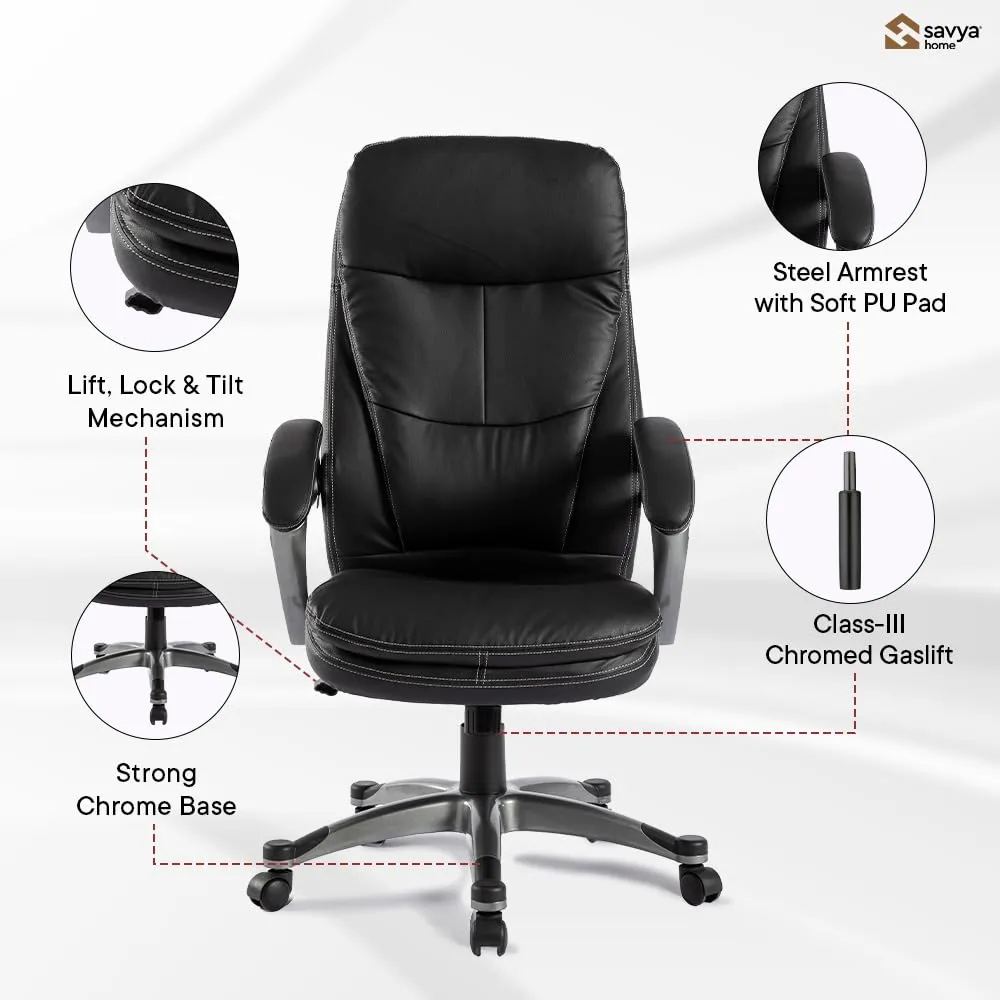 SAVYA HOME Leatherette Executive Office Chair|Study Chair for Office, Home|High Back Ergonomic Chair for Office, Spacious Cushion Seat & Heavy Duty Chromed Base, Black