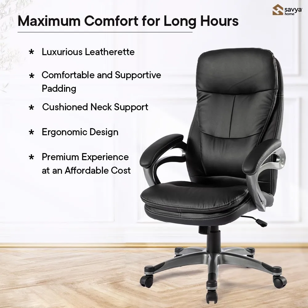 SAVYA HOME Leatherette Executive Office Chair|Study Chair for Office, Home|High Back Ergonomic Chair for Office, Spacious Cushion Seat & Heavy Duty Chromed Base, Black