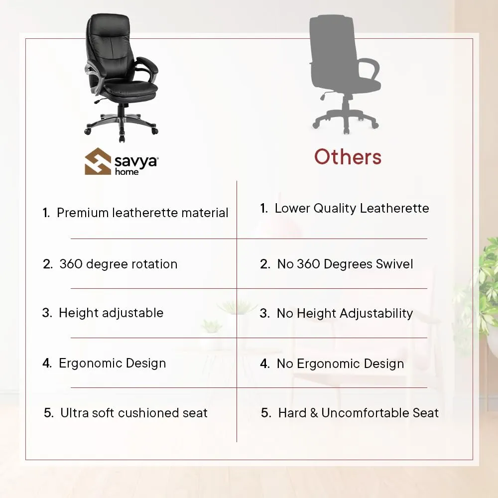 SAVYA HOME Leatherette Executive Office Chair|Study Chair for Office, Home|High Back Ergonomic Chair for Office, Spacious Cushion Seat & Heavy Duty Chromed Base, Black